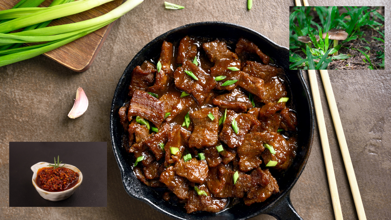 Vegan Mongolian “Beef” except Soy Chunks and Mushrooms in Sweet Soy Glaze.