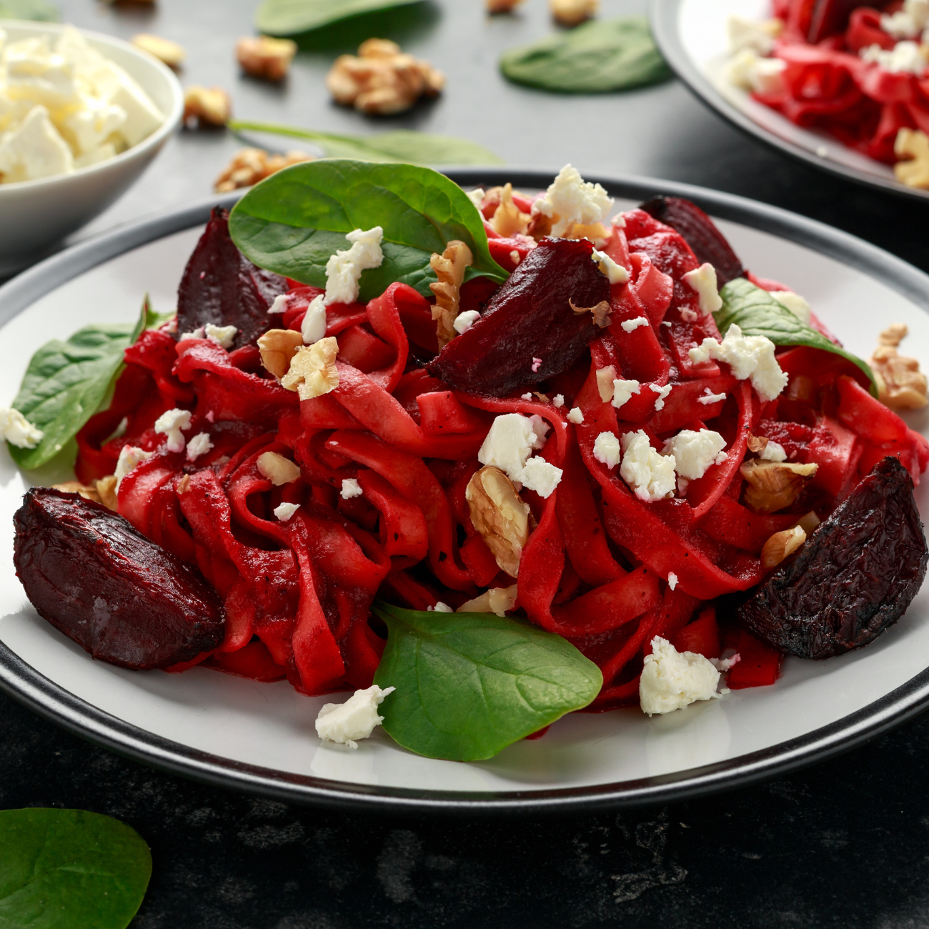 Roast Beetroot Spaghetti with Feta Cheese: A Vegan Delight with a Fresh Twist of Herbs.