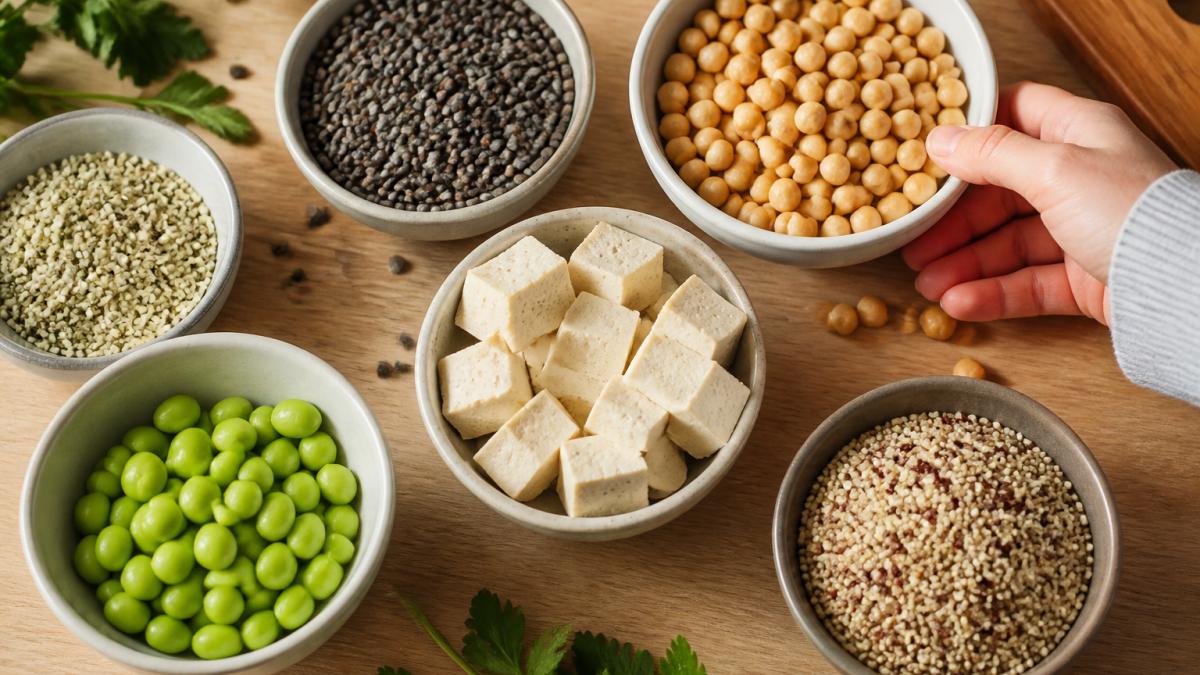 Overhead shot of a kitchen counter with bowls of lentils, chickpeas, tofu cubes, edamame, hemp seeds, and quinoa, natural daylight, hands reaching for a bowl