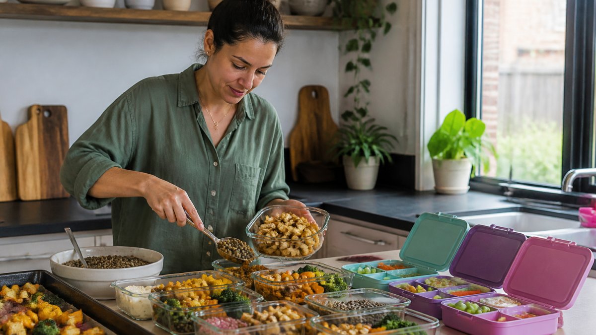 A parent in a home kitchen filling glass containers with roasted vegetables, lentils, and baked tofu, with children's lunchboxes lined up on the counter beside them