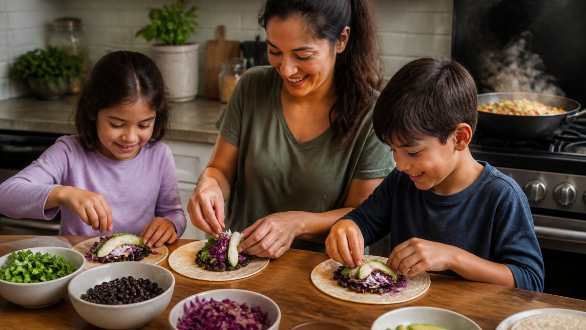 A parent and two children at a kitchen counter assembling colorful vegan tacos with black beans, shredded cabbage, and avocado, a large skillet of stir-fried vegetables steaming on the stove behind them